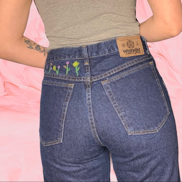 Dark Wash High Waisted Hand Painted Mom Jeans - Picture 1 of 6